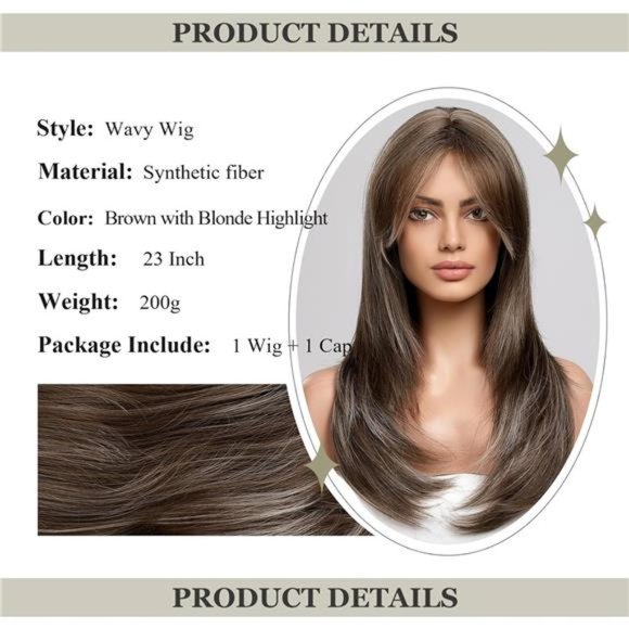 HOT BLONDE Wig with Bangs Long Straight Layered brown with blonde highlight - Picture 2 of 7